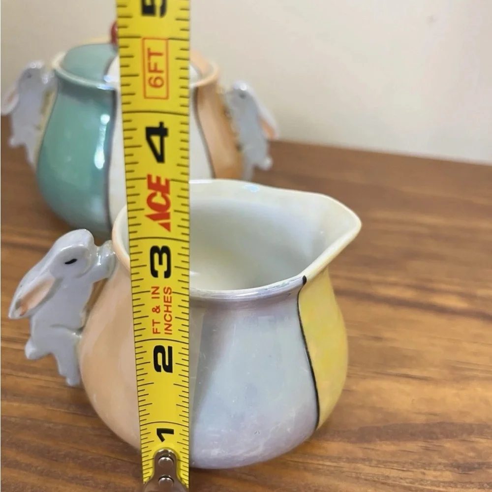 Vintage Japanese Lusterware Creamer & Sugar Wth Rabbit Handle Pastel/Harlequin